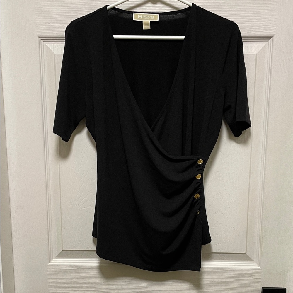 Michael Kors Black Wrap Front Blouse with Gold Button Detail